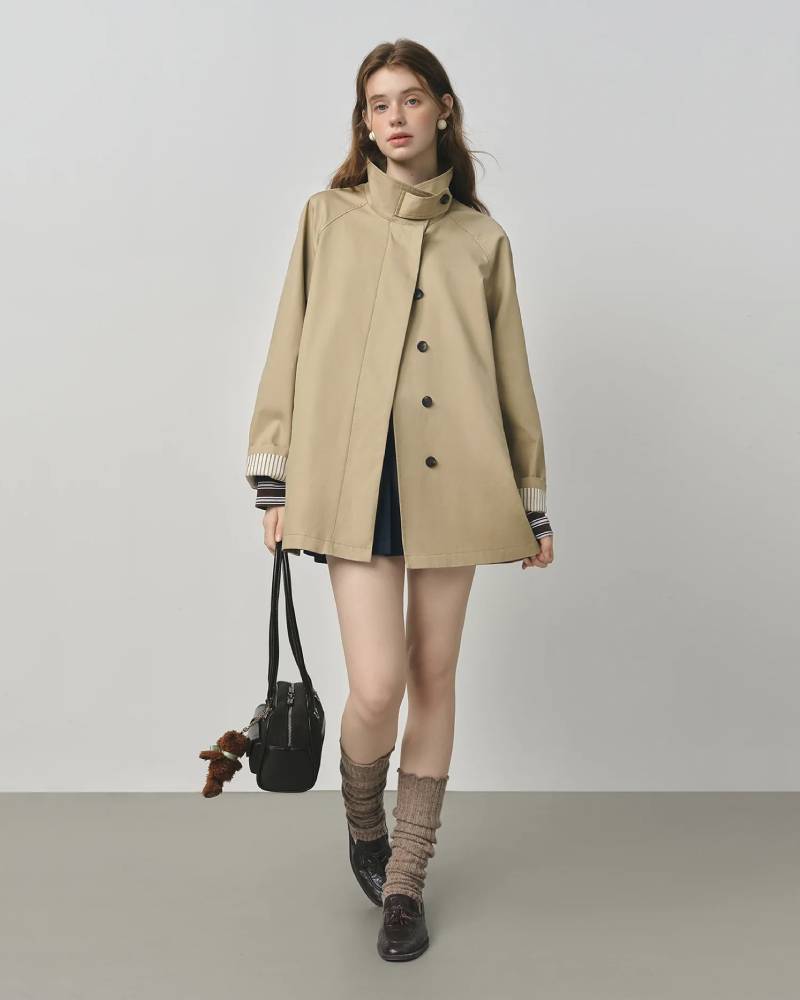 Short Stand Collar Windbreaker Trench Jacket