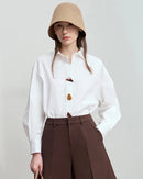 Autumn minimalism shirt features pure cotton long sleeves with solid color design and buttons, perfect office lady pullover blouse for professional daily wear.