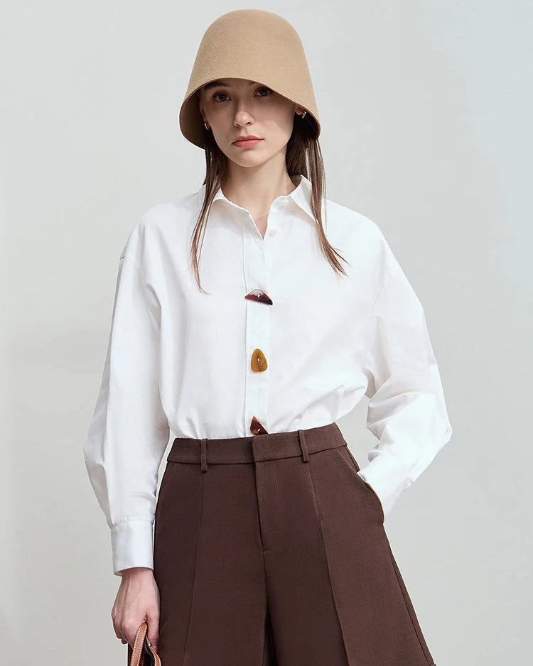 Autumn minimalism shirt features pure cotton long sleeves with solid color design and buttons, perfect office lady pullover blouse for professional daily wear.