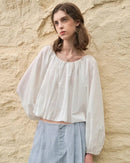 Women's  cotton puff sleeve blouse – classic round neck , tatted weaving craft, true-to-size fit for everyday casual or office outfits.