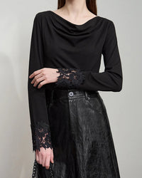 Simple solid color asymmetrical neckline knit tee for women, crafted from viscose cotton acrylic spandex blend, features delicate lace decoration and medium stretch, soft comfortable casual top for daily and everyday styling.