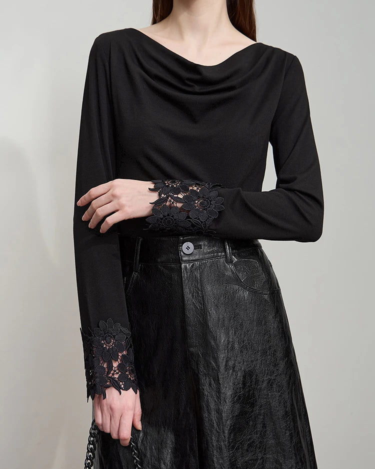 Simple solid color asymmetrical neckline knit tee for women, crafted from viscose cotton acrylic spandex blend, features delicate lace decoration and medium stretch, soft comfortable casual top for daily and everyday styling.