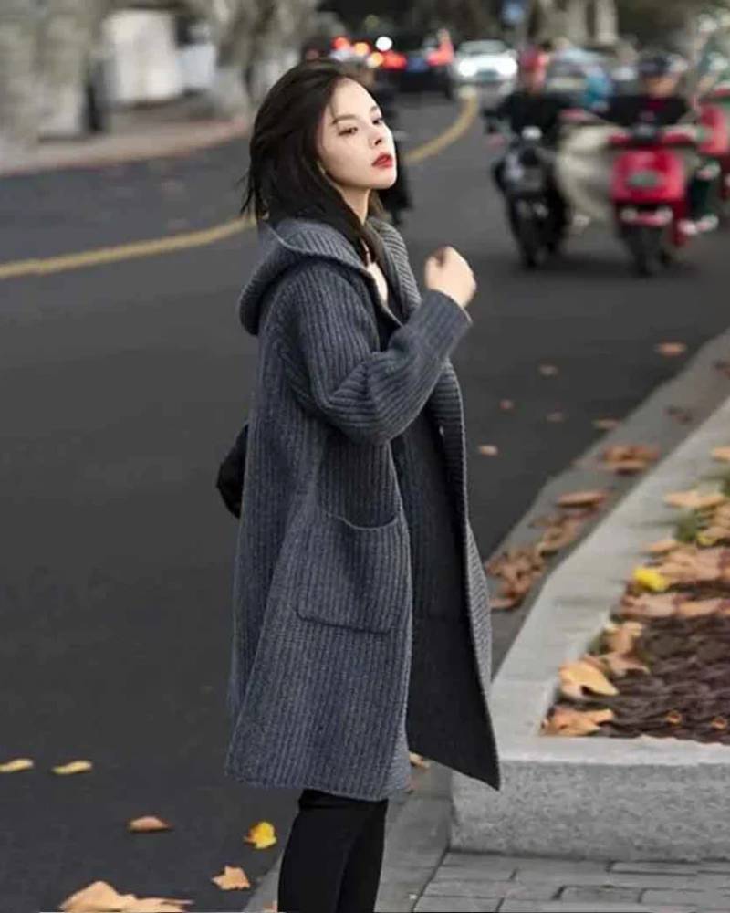 Single Breasted 100% Cashmere Ribbed Cardigan With Hoodie