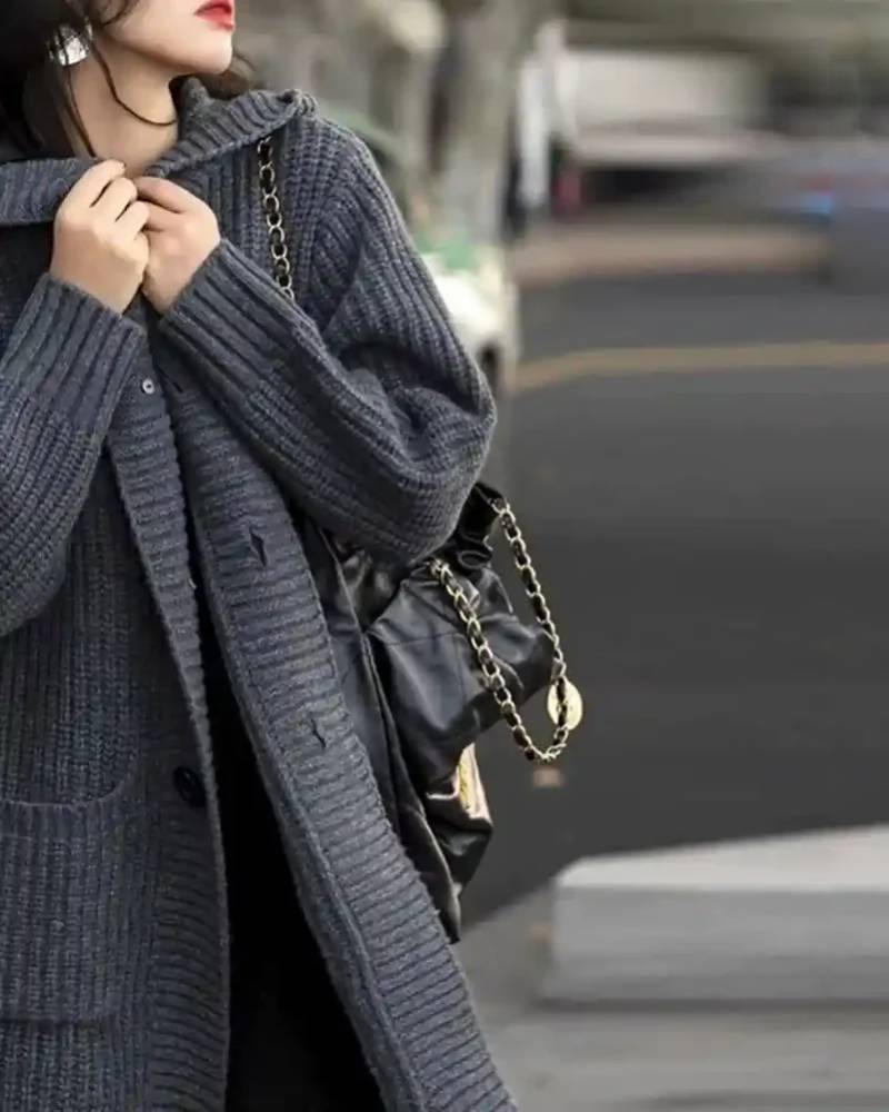 Single Breasted 100% Cashmere Ribbed Cardigan With Hoodie