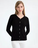 Soft solid color V-neck knit cardigan for women, crafted from premium wool silk lyocell blend, features classic button decoration, medium stretch elasticity, versatile everyday wear with comfortable tailored fit for casual daily scenes.