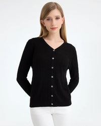 Soft solid color V-neck knit cardigan for women, crafted from premium wool silk lyocell blend, features classic button decoration, medium stretch elasticity, versatile everyday wear with comfortable tailored fit for casual daily scenes.