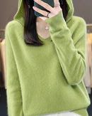 Women’s soft wool knit hooded pullover with relaxed long sleeves and standard thickness—cozy layer for crisp morning walks, weekend cabin escapes or coffee-shop study sessions.