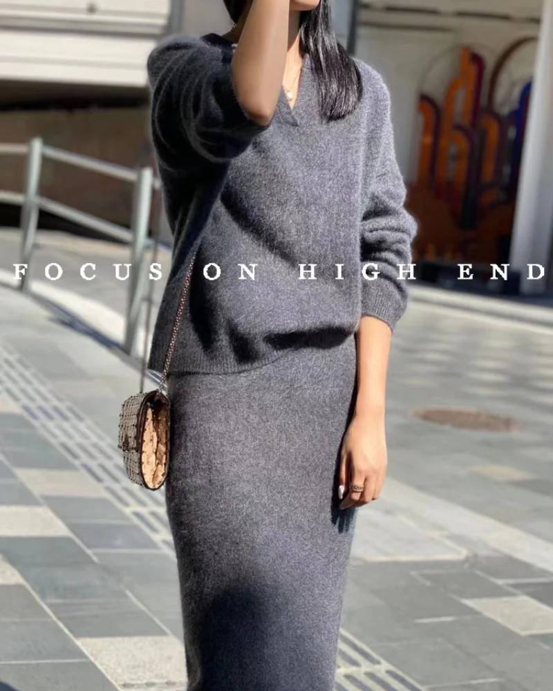 Solid Cashmere Sweater And Skirt Set
