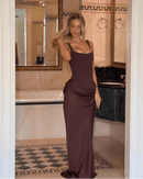 women's solid pleated sling dress - square neck, off-shoulder & sleeveless design, waist-cinching slim fit for elegant evening parties and formal events.