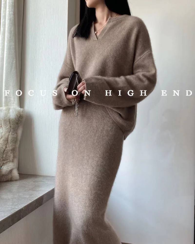 Solid Cashmere Sweater And Skirt Set