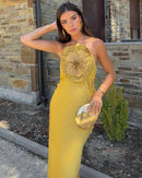 Women's yellow 3D floral fitted dress - spaghetti strap, backless design and floor-length, polyester tatted fabric for formal events, summer weddings or glamorous parties.