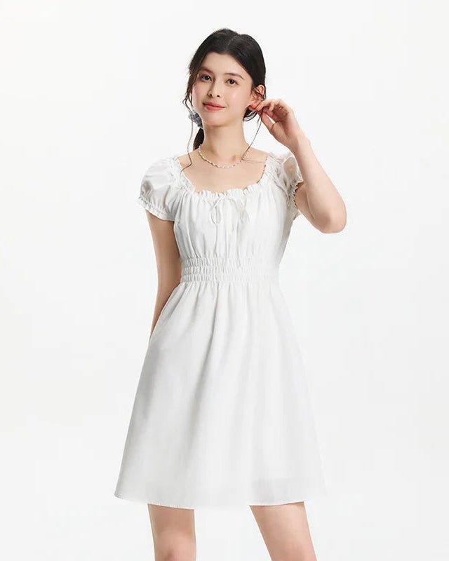 Square Neckline Bow-Trimmed Lace Mini Dress