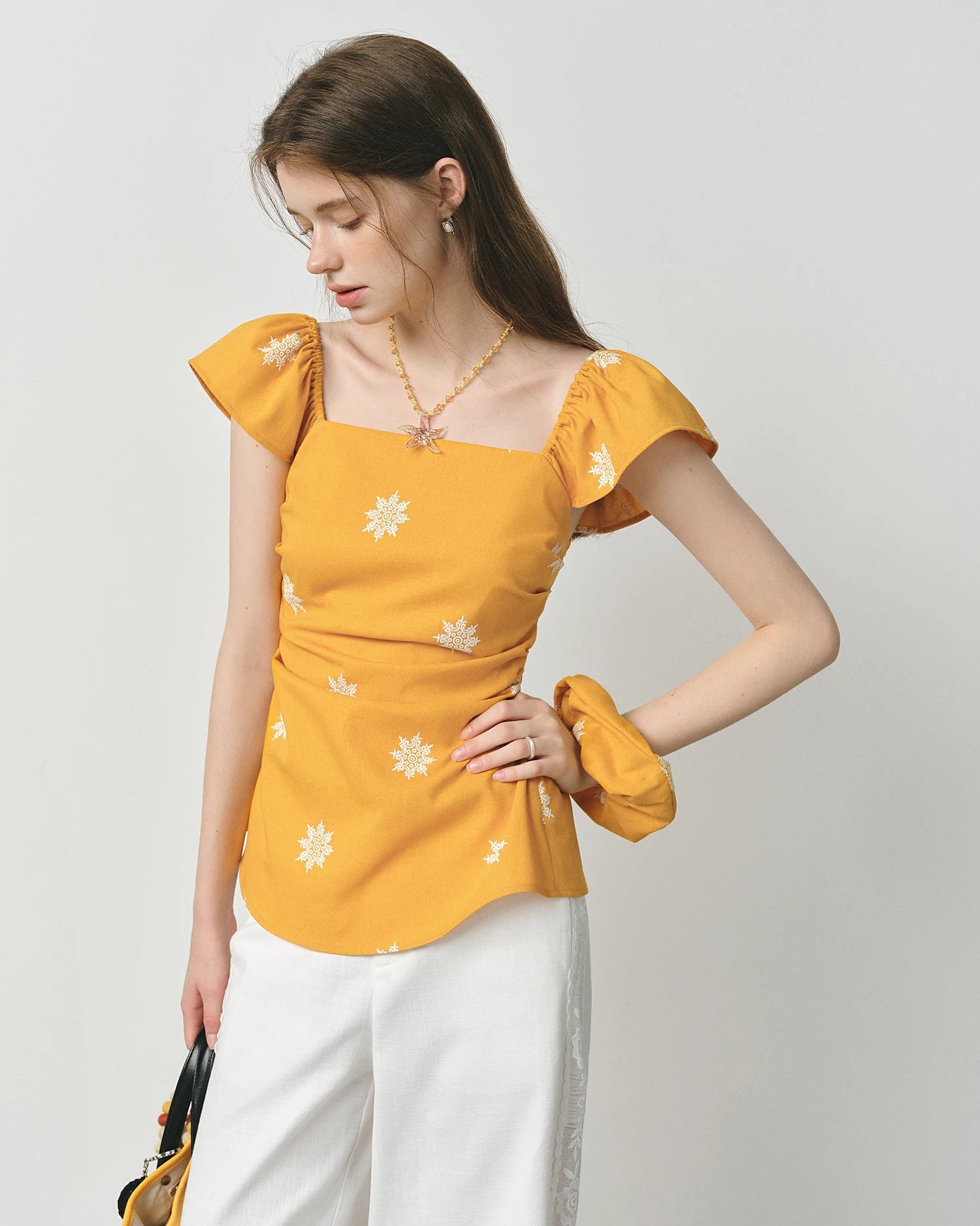 Square Neckline Ruffled Sleeve Fashion Linen Shirt