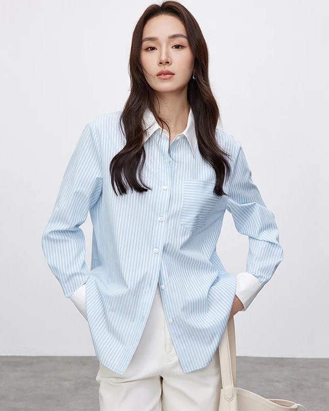 Striped Straight-Cut Long-Sleeved Shirt With Pockets
