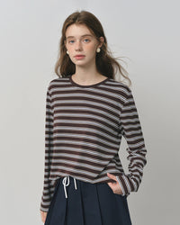 Women’s coffee striped loose-fit crew neck t-shirt - crafted from a soft viscose-polyester-spandex blended knit fabric, non-stretch design, perfect for casual spring and summer outings, weekend errands, or pairing with jeans and shorts for a laid-back everyday look.