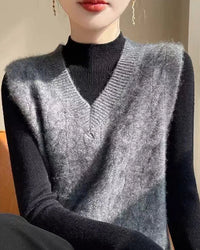 Women's autumn winter minimalist fashion vest, V-neck twist knit loose fit sleeveless sweater waistcoat, casual warm knitwear for daily layered styling and casual outings.