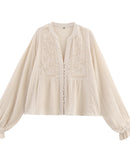 Women's short-length shirt - stylish hollow-out embroidery, polyester lightweight fabric, long sleeves, O-neck and single-breasted closure, regular fit perfect for spring/autumn outings, casual gatherings or everyday trendy looks.