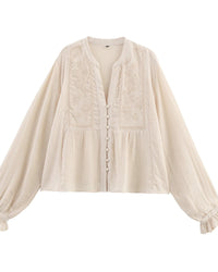 Women's short-length shirt - stylish hollow-out embroidery, polyester lightweight fabric, long sleeves, O-neck and single-breasted closure, regular fit perfect for spring/autumn outings, casual gatherings or everyday trendy looks.