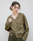 Women's linen shirt - stylish V-neck design, single-breasted button-down closure, loose regular fit and mid-weight fabric, perfect for spring/autumn commutes, office casual or weekend outings.