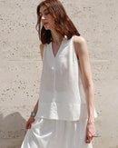 Breathable linen French halter vest for women  retro chic style, sleeveless sexy V-neck, ideal for warm-weather casual looks and street fashion.