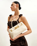 Women's beige commuter tote bag - eco-friendly faux suede material, large capacity (30cm width x 24cm height x 11cm depth) with shoulder straps, solid pattern perfect for work commutes, daily errands or casual outings.