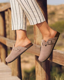 Women's  platform slippers - cow suede upper and lining, cork outsole with EVA insole, 1-3cm low heel and pull-on design, perfect for casual home wear, loungewear or light daily outings.