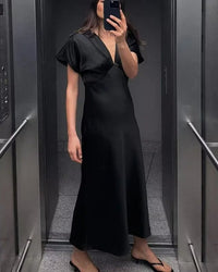 women's black satin midi dress - short sleeves, draped design and elegant silhouette, perfect for summer parties, beach outings or semi-formal events.