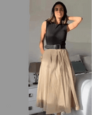 Women's black pleated midi dress - summer sleeveless design, belted waist and O-neck, polyester tatted fabric with slight stretch for casual outings.