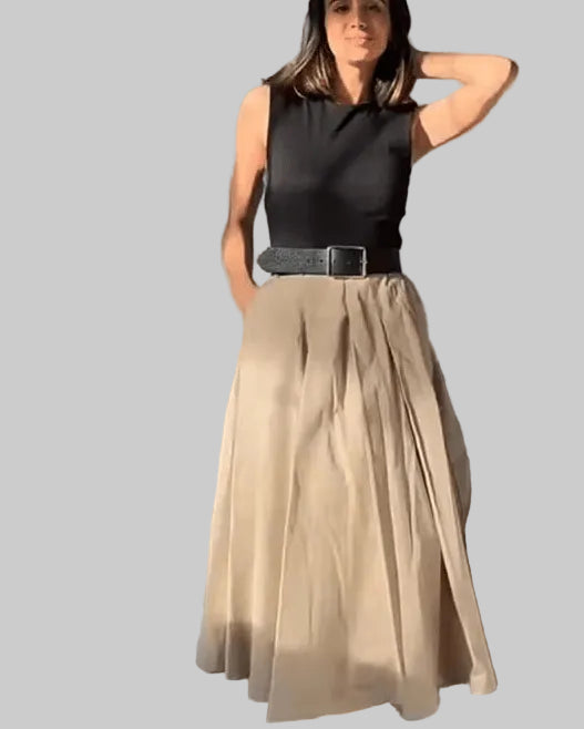Summer Sleeveless Belted Pleated Midi Dress
