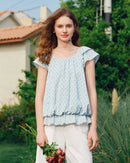 Women's polka dot top - sweet U-neck design, cotton-viscose blend fabric, puff short sleeves and regular fit, standard thickness perfect for summer outings, brunch dates or feminine everyday styling.