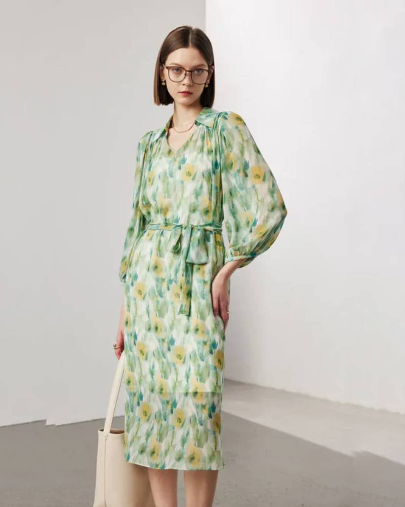 Two-piece Set Lapel 100% Mulberry Silk Dress