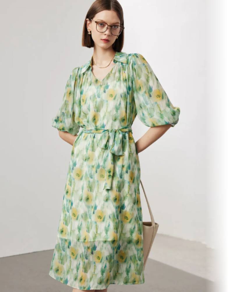 Two-piece Set Lapel 100% Mulberry Silk Dress