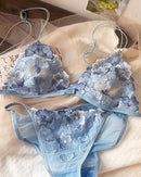 Ultra-thin lace floral embroidered bra and brief set for women, made of polyester and spandex, wire-free comfortable lingerie.