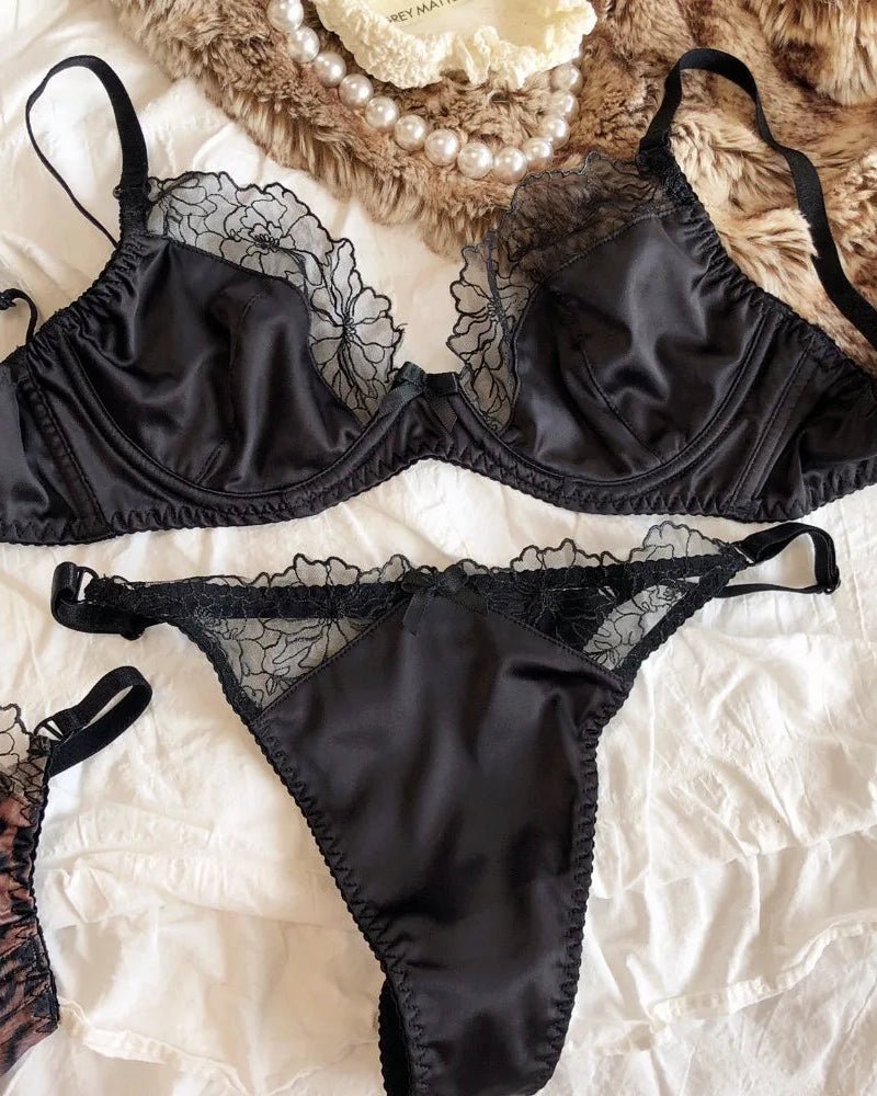 Ultra-Thin Sexy Satin Lace Patchwork Bra Set