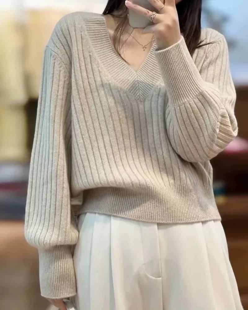V-Neck 100% Cashmere Knitted Pullover Sweater