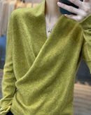 100 % wool wrap-style sweater, deep V-neck, self-tie waist, long sleeves, ribbed cuffs, heather taupe—effortless winter elegance for her.