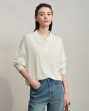 Versatile collared loose pullover sweater with classic turn-down collar, fine knit craft and delicate beading decor, acrylic polyester wool cashmere blend with medium stretch and elegant floral pattern for daily wear.