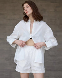 Women's pure linen high-waist shorts – elastic waistband, breathable comfortable fit, casual basic style,  perfect for summer everyday wear.