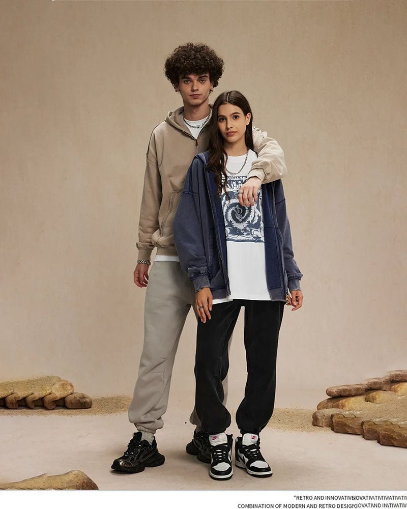 Distressed Washed Batik Retro Zipper Hoodies