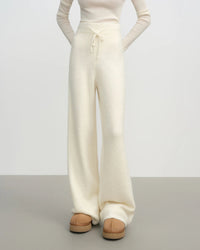 Women’s cozy wool-polyester blend knitted pants - loose fit with slight stretch, full-length design, soft knit craftsmanship, perfect for lounging at home, casual outings, or layering with sweaters and cardigans during cool autumn and winter days for comfort and style.