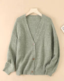 Wool-blend (49% acrylic, 28% polyester, 20% wool, 3% nylon) cropped cardigan, V-neck, horn buttons, dropped shoulders, heather taupe—cloud-soft layer for spring-to-fall outfits or office AC.