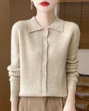 Women's  wool cardigan - polo collar design, full rib texture that elongates silhouette, lightweight warmth for transitional and cold seasons