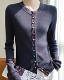 Women’s wool round-neck slim cardigan with single-breasted front—soft bottoming layer for autumn offices, weekend brunches or holiday layering 