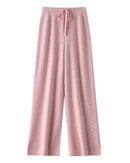 Women's merino-wool wide-leg trousers with tie-elastic waist—cozy autumn piece for office days, weekend cabin escapes or fireside lounging.