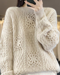 Women’s merino-wool crew-neck sweater in ivory, airy openwork crochet panels, relaxed slim silhouette, long sleeves with rib trims, lightweight 7-gauge knit, breathable spring-to-autumn laye