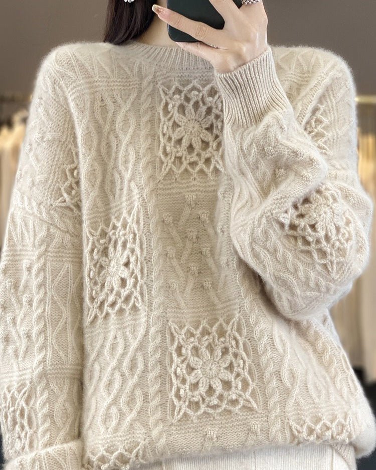 Wool Crew Neck Openwork Loose Slimming Sweater