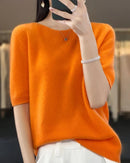 Women’s merino-wool O-neck knitted T- Korean-style short sleeves and regular fit—breathable temperature control for breezy spring offices, summer flights or air-conditioned cafés.