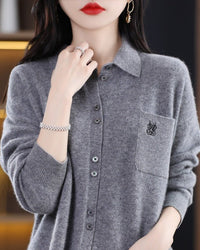 Women's  Australian merino wool sweater - 2025 autumn/winter new style with embroidered pocket, drop shoulders and front-short-back-long hem