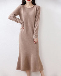 Women’s wool mermaid sweater dress with curled O-neck and long sleeves—elegant silhouette for spring brunches, autumn offices or winter dinner dates.