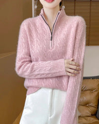 Women’s merino-wool stand-collar pullover with half-zip front and long sleeves—thermal layer for autumn commutes, weekend hikes or fireside lounging.
